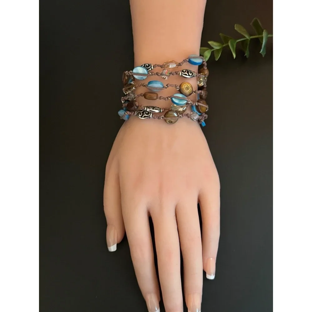 Brighton Multi Strand Beaded Bracelet Blue Shell Wood Crystal Silver Tone 7-8